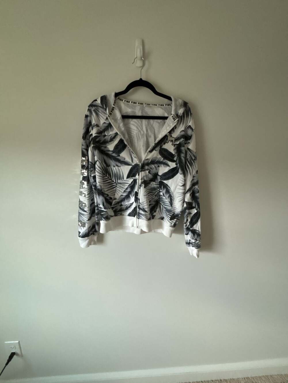 PINK Victoria's Secret Black & White Tropical Palm Print Sequin Logo Zip Hoodie,